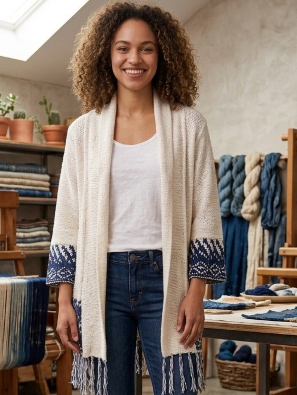 Ariat Cardigan Duster Size Medium White Blue Southwestern Fringe Open 3/4 Sleeve